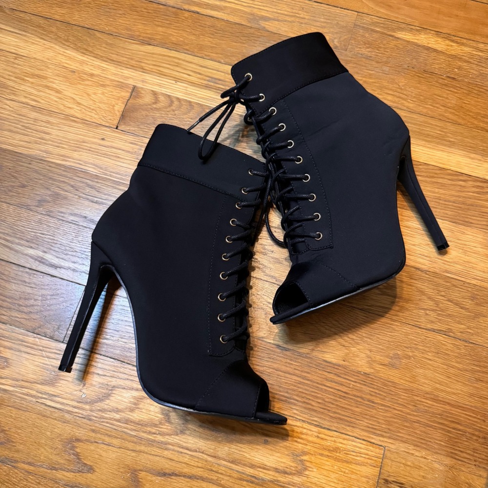Windsor Black Lace Up Open Toe Stiletto Ankle Boots 8.5